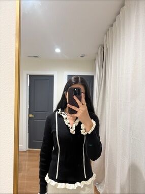CAbi Black Cardigan with Cream Ruffle Trim and Covered Buttons
